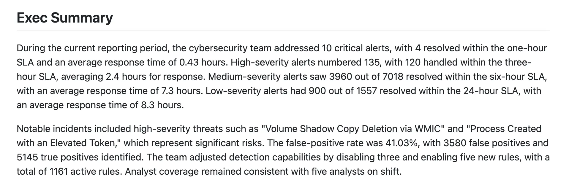 Exec summary section of the report