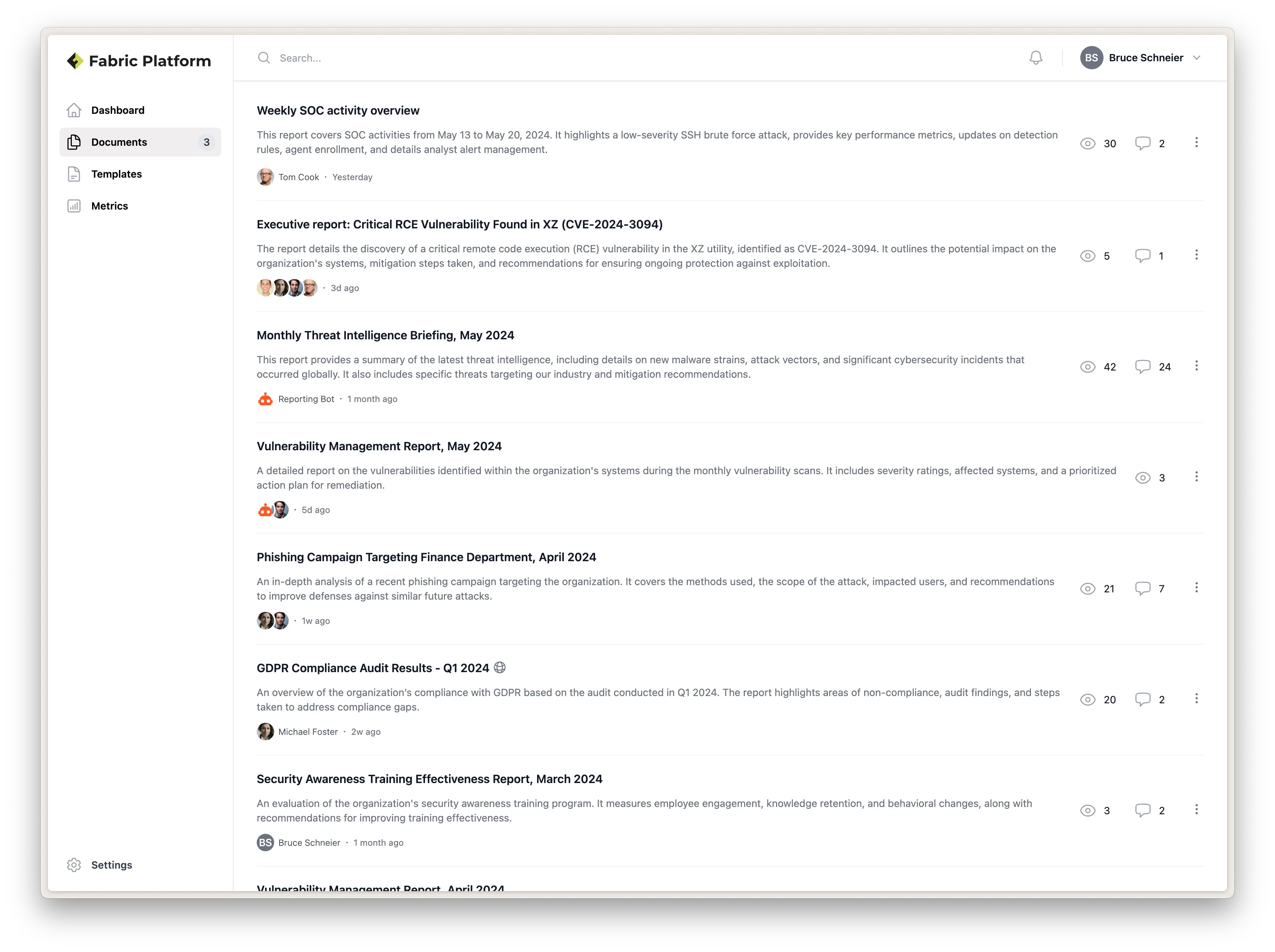 A list of reports in the Fabric Platform